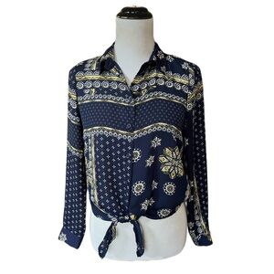 Only navy blue tie front button down long sleeve shirt